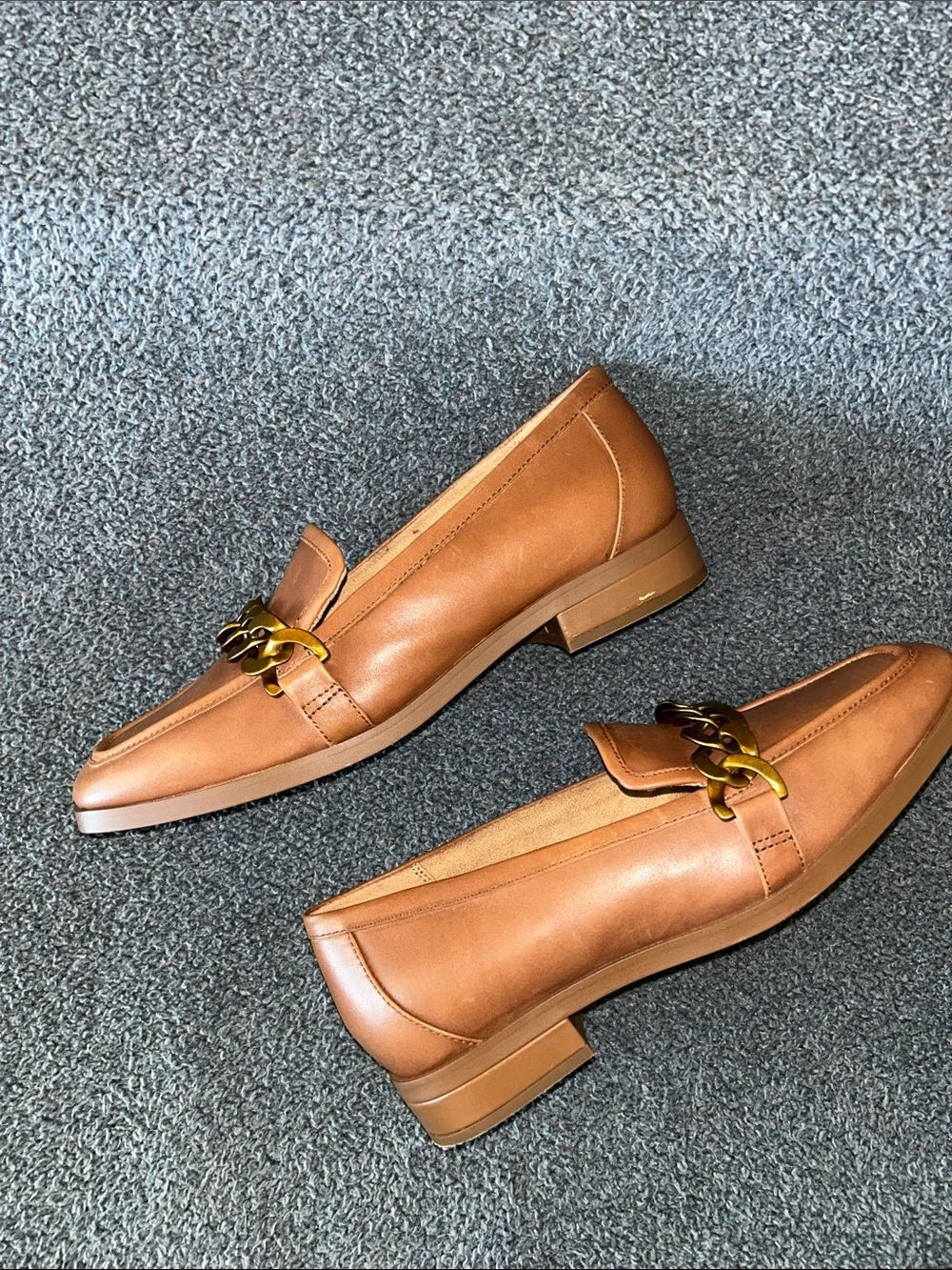 Vionic Brown Leather Loafers with Gold Chain Accent